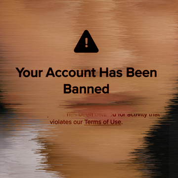 a blurry woman's face shown under a notification that she has been banned from a dating app