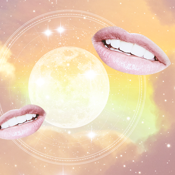 two lips smiling in a rainbow sky with a full moon glowing behind them